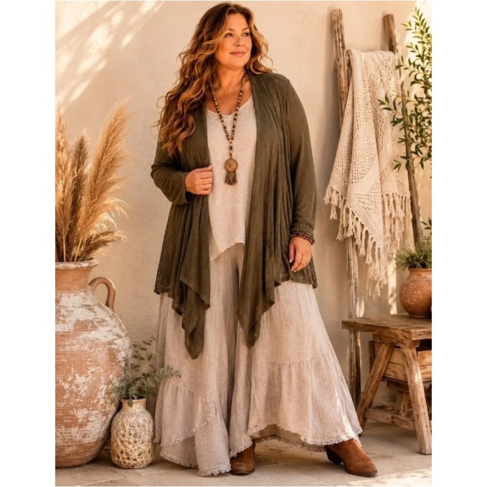 Magaschoni Woman Olive Green Draped Open Front Mesh Knit Cardigan Plus Size 2X
